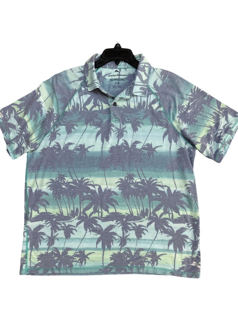 Tommy Bahama IslandZone Men's L Blue Green Palm Tree Print Polo Shirt
